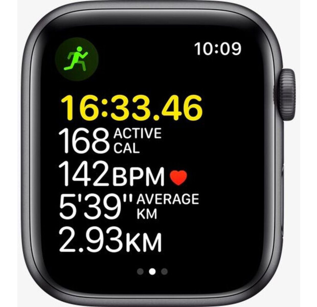 Carcasă Apple Watch SE GPS de 44 mm, gri spațial, din aluminiu, cu bandă sport Midnight (MKQ63)